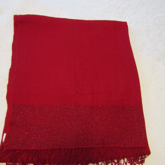 Scarlet Red Armand Diradourian Pashmina & Silk Beaded Scarf w/Fringe--36" X 87" - Picture 5 of 6